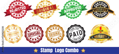 Premium Stamp Logo Collection Set – Approved, Certified, Original, Rejected, Paid, and Warranty Badges on Transparent Background