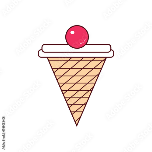 Minimal ice cream cone icon with a cherry on top, simple line style. Perfect for dessert, summer, or sweets branding and graphic projects