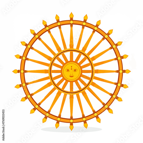 Golden Dharmachakra wheel with a sun face center symbol.