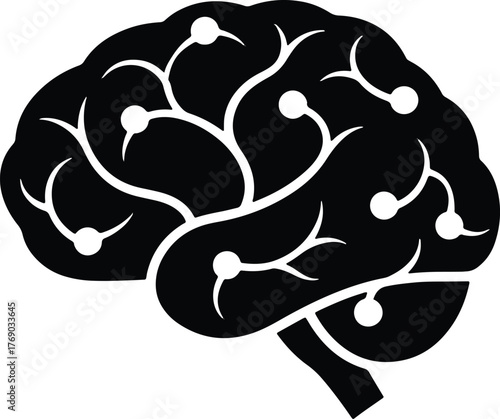 Black silhouette of a human brain with white circular nodes and branching lines vector