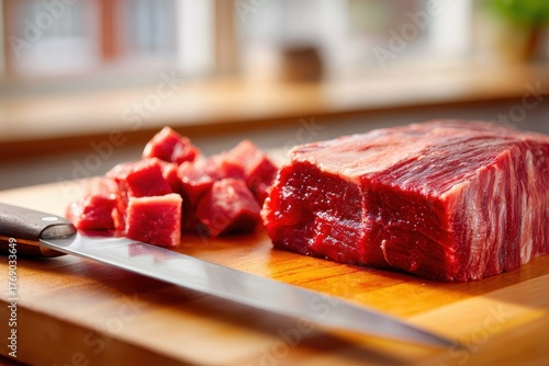 Fresh Beef Cuts on a Wooden Board with a Sharp Knife Ready for Cooking