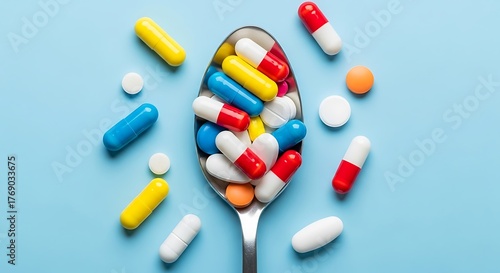 A spoonful of colorful pills and capsules scattered on a light blue background, representing medicine and health
