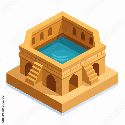 Isometric illustration of an ancient Indian stepwell building.