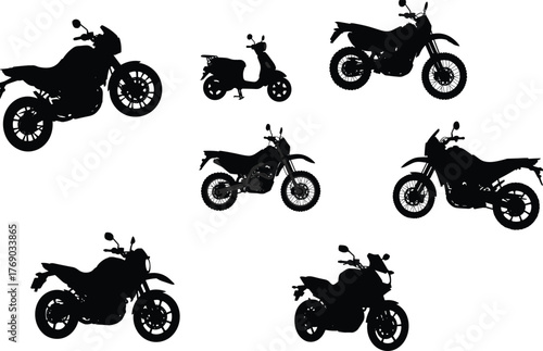Motorcycle silhouette vector illustration, seven bike and scooter profiles in black, white background for transport, vehicle, and design reference