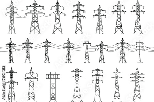 Transmission tower vector illustration, multiple electric pylon designs in grid layout, white background for energy, infrastructure, and engineering reference