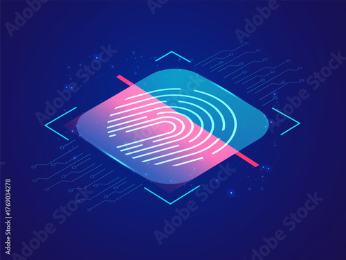 Artificial Intelligence data protechtion with futuristic isometric Finger Print Scanning data network security on dark blue background vector design concept. AI technology for advance technology.