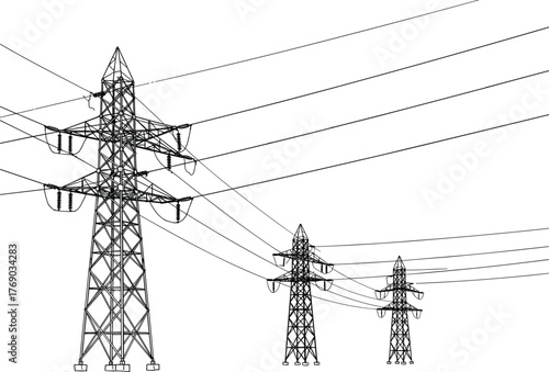 Electric transmission tower vector illustration, high-voltage pylons with power lines, white background for energy, infrastructure, and utility design concepts