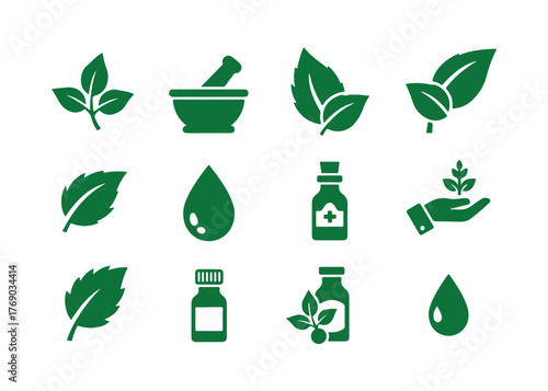 Icons of herbal medicine set, isolated on a white background. Eco-friendly stencil symbols. Vector stock illustration.