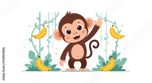Cute cartoon monkey waving hello amidst bananas and jungle vines, full of joy.