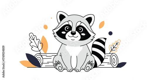Cute cartoon raccoon sitting on a log with autumn leaves and dots.
