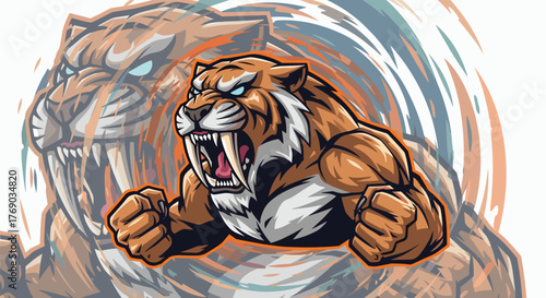 Aggressive saber-toothed tiger mascot with glowing blue eyes roaring with bared teeth and clenched fists.