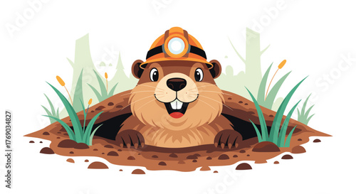 Cartoon groundhog wearing a miner's helmet popping out of its burrow with grass and trees in the background.