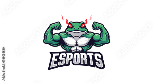 Mascot logo of a muscular green frog with glowing red eyes and flames, flexing its biceps above the word esports.