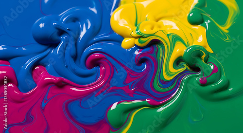 Thick, viscous paint creating an abstract marble effect with intense primary colors and a smooth, reflective texture