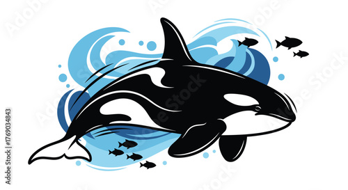 Orca whale swimming with fish through blue ocean waves in a stylized illustration.
