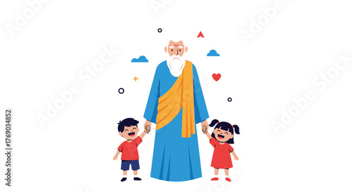 A wise old man with a long white beard holds hands with a happy boy and a smiling girl.