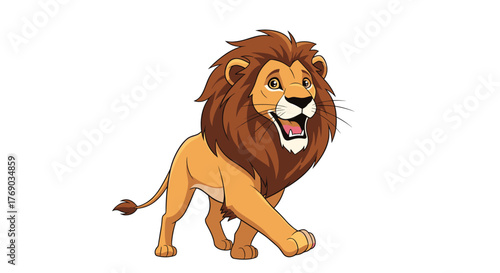 Cartoon lion with a large mane walking forward and smiling with its mouth open;.