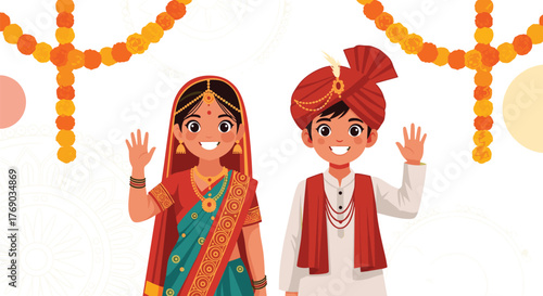 A young Indian couple in traditional wedding attire waving hello and smiling.