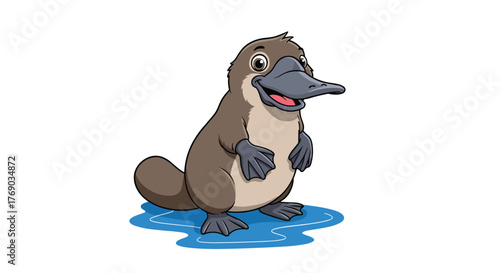 Cute cartoon platypus standing on blue water with a friendly expression.