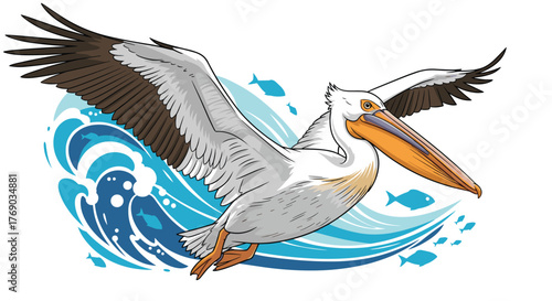 A white pelican with a bright orange beak flies over blue waves with fish swimming below.