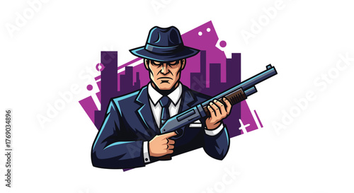 Stylized illustration of a determined man in a fedora and suit holding a shotgun with a city silhouette background.