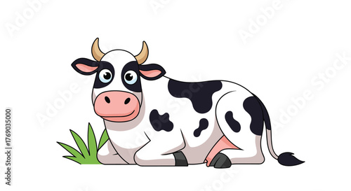 A cute cartoon cow with black and white spots lies in green grass on a white background.