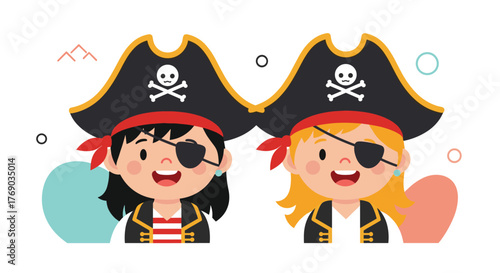 Two cute cartoon pirate children with eye patches and hats are smiling.