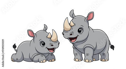 Two adorable cartoon baby rhinos, one lying down and one standing, with happy expressions.