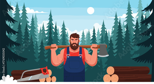 A burly lumberjack with a beard stands in a forest holding an axe over his shoulders.