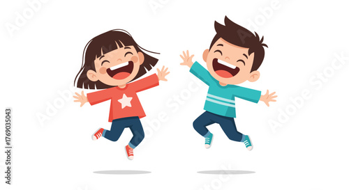 Two happy cartoon children jumping in the air with their arms outstretched.