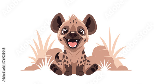 Cute cartoon hyena sitting happily among rocks and grass with a big smile.