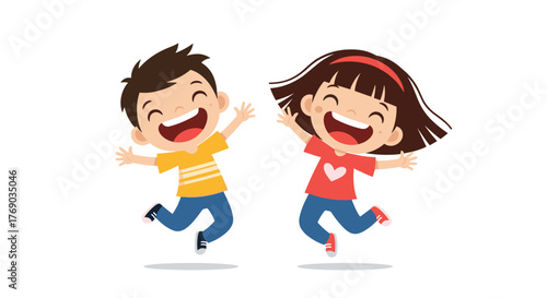 Two joyful cartoon children jumping in the air with open mouths and eyes closed.