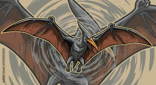 Stylized illustration of a prehistoric pterodactyl in flight with wings spread wide.
