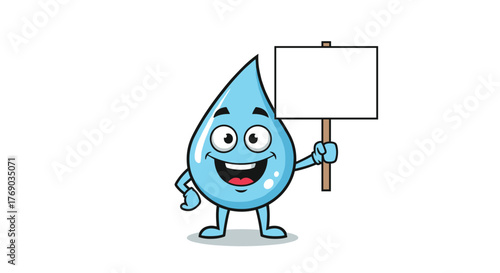 Cartoon water drop character smiling and holding a blank sign board on a white background.
