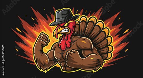 Muscular cartoon turkey wearing a fedora, flexing its arms with flames in the background.