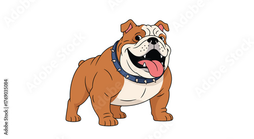 Cartoon illustration of a happy bulldog wearing a spiked collar, panting with its tongue out.
