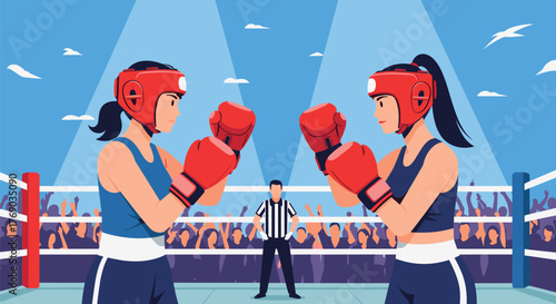 Two female boxers face off in a boxing ring with a referee and cheering crowd watching.