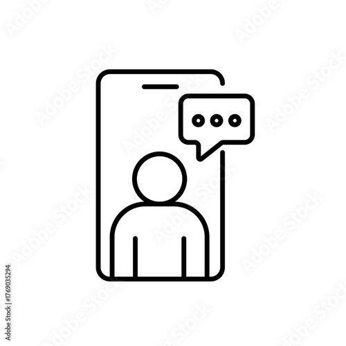 A vector icon of a person on screen with a speech bubble, representing online therapy, created in line style with editable stroke