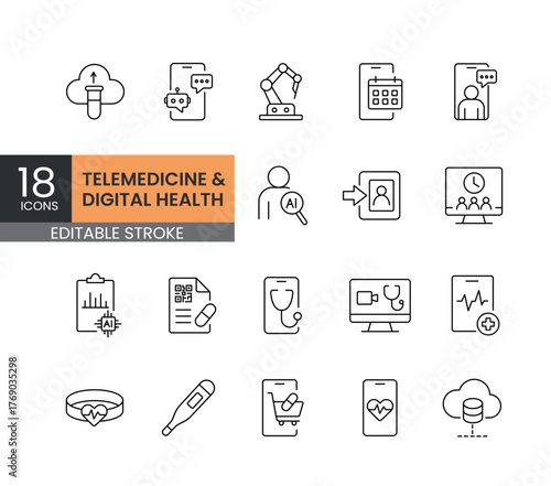 A set of vector icons representing telemedicine and digital health technologies for remote diagnostics, virtual care, and mobile health apps, created in line style with editable stroke
