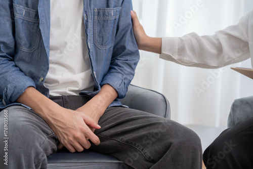 Photos Man use hand point in front of private parts feeling discomfort and consult doctor