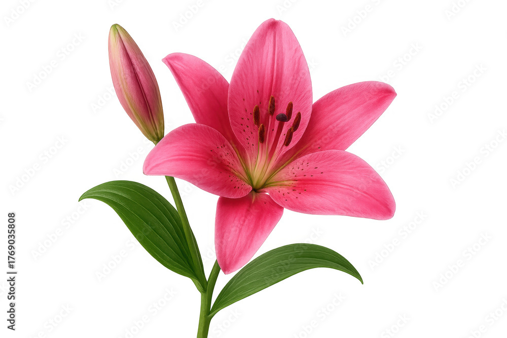 Fototapeta premium Pink lily bloom with a closed bud on stem, vibrant botanical beauty on transparent background