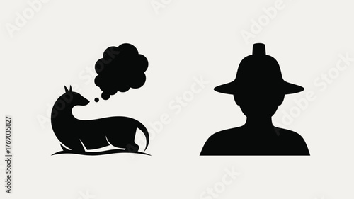 Silhouette of a llama thinking next to a person wearing a hat