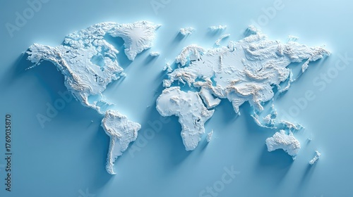 Fototapeta Naklejka Na Ścianę i Meble -  Minimalistic 3D world map on soft blue gradient concept. Detailed relief map of the world showcasing geographic features.
