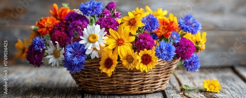 Wallpaper Mural Wildflowers and wooden table background created concept. Vibrant flower bouquet in a woven basket on wooden background. Torontodigital.ca