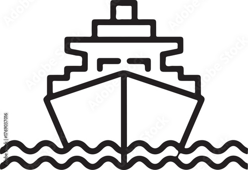 Modern cruise ship sailing on wavy ocean water line art icon