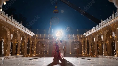 Indian couple celebrating Karwa Chauth under moonlight, traditional festival ritual with lights and love, woman performing puja with sieve during fasting night