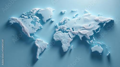 Fototapeta Naklejka Na Ścianę i Meble -  Minimalistic 3D world map on soft blue gradient concept. Detailed topographical map of the world with raised relief features.