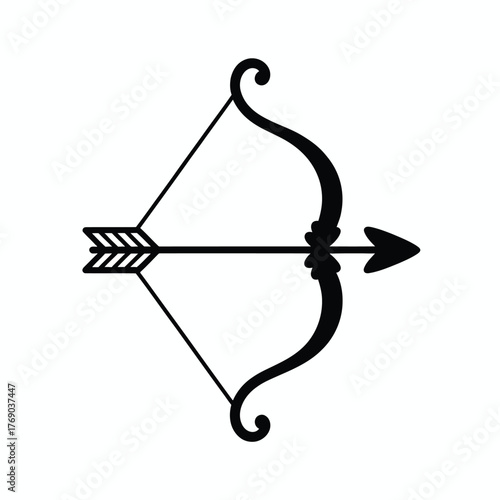 Black and white illustration of a bow and arrow ready to shoot