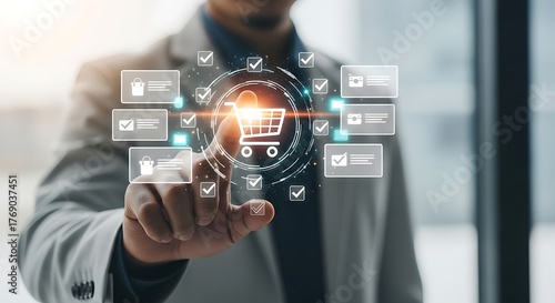 Businessman interacting with a digital interface displaying a shopping cart icon and various product icons, symbolizing online shopping and ecommerce