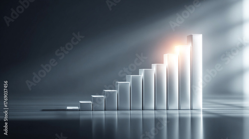 Hyperrealistic bright white background with a single glowing graph bar rising from a polished surface, symbolizing growth, success, data visualization, achievement, and futuristic business or financia